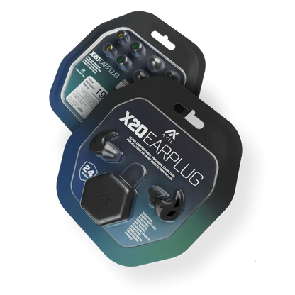 Axil X20 Earplugs packaging with customizable tip sizes for noise protection.
