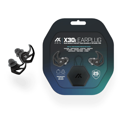 Axil X30i Earplugs packaging and earplugs with interchangeable tips for customizable fit and noise protection.