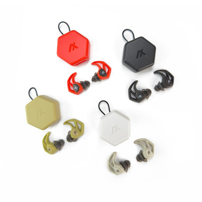 Axil X30i Earplugs with protective cases in red, black, beige, and white colors, showcasing dual-mode noise reduction tips.