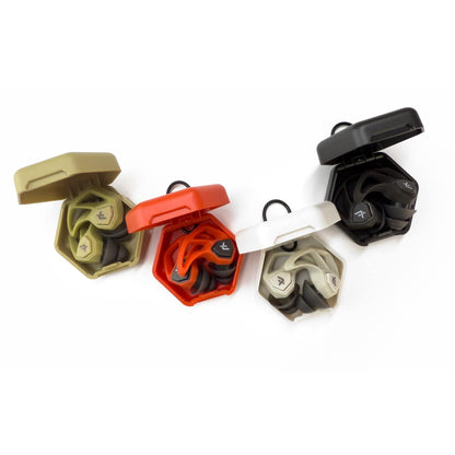 Axil X30i Earplugs in four colors with cases, featuring dual-mode noise protection and comfortable fit.