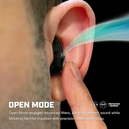 Axil X30i Earplugs demonstrating open mode with advanced filters for ambient sound and impulse noise protection.