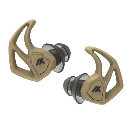 Axil X30i Earplugs with dual-mode noise protection and custom fit in tan color.