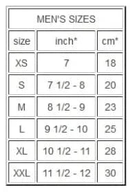 Men's tactical glove size chart, including XS to XXL, with measurements in inches and centimeters.