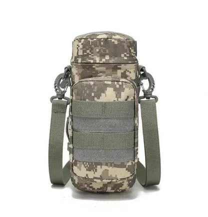 Tactical Water Bottle Carrier with camouflage design and MOLLE integration for outdoor adventures.