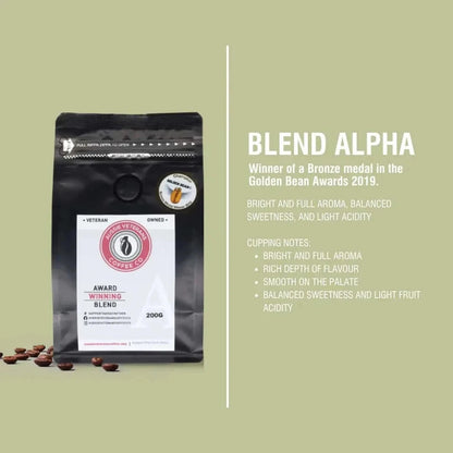 BLEND ALPHA artisan coffee packaging with award-winning badge, emphasizing its bright aroma and balanced sweetness.