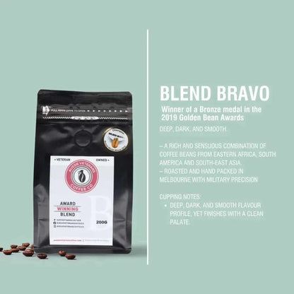 BLEND BRAVO coffee bag with a deep, dark, and smooth flavor, supporting Australian veterans.