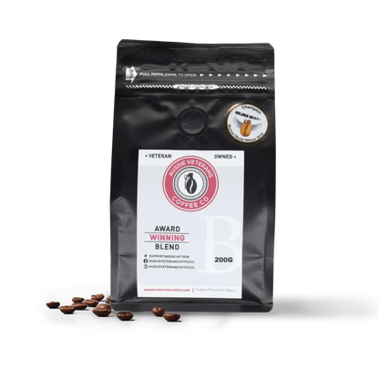 BLEND BRAVO coffee bag with beans, supporting Australian veterans.