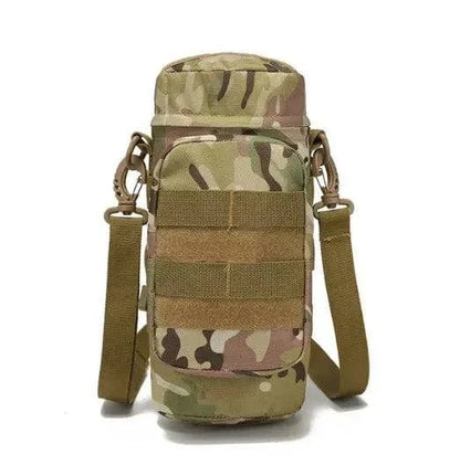 Tactical water bottle carrier with camouflage design and MOLLE system integration.
