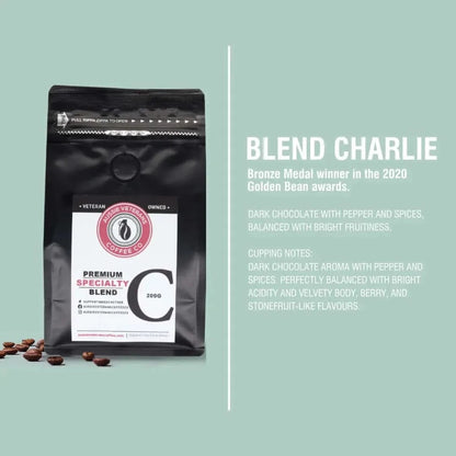 BLEND CHARLIE coffee bag with aroma notes of dark chocolate, pepper, spices, and bright fruitiness; Golden Bean Bronze Medal winner.