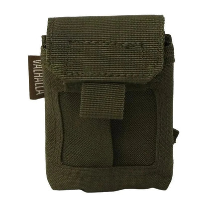 Compact Valhalla Disposable Glove Pouch with green fabric, overlapping elastic straps, and versatile attachment options.