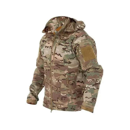Tactical Softshell Jacket by Valhalla in Multicam, featuring a water-resistant fabric, adjustable hood, and multiple utility pockets.