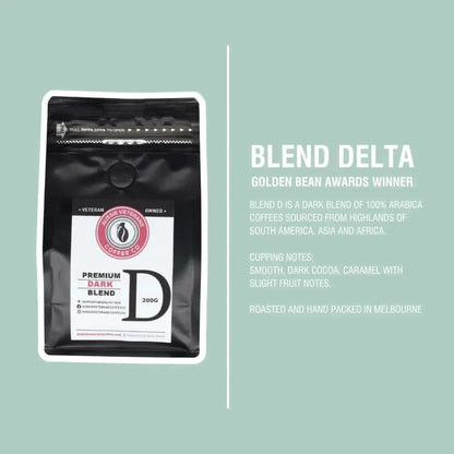 Veteran owned coffee, Blend DELTA dark aromatic roast from Melbourne, 100% Arabica, rich cocoa and caramel notes.