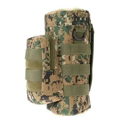 Tactical water bottle carrier with camouflage design and MOLLE system integration.