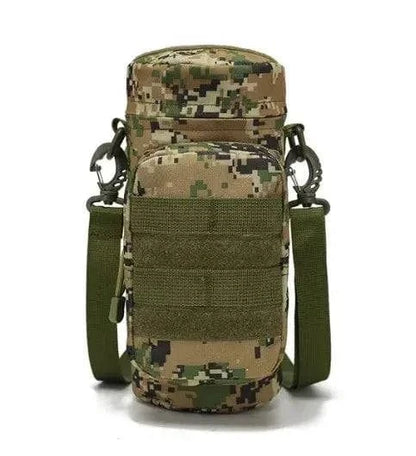 Tactical Water Bottle Carrier with camouflage design and durable strap.