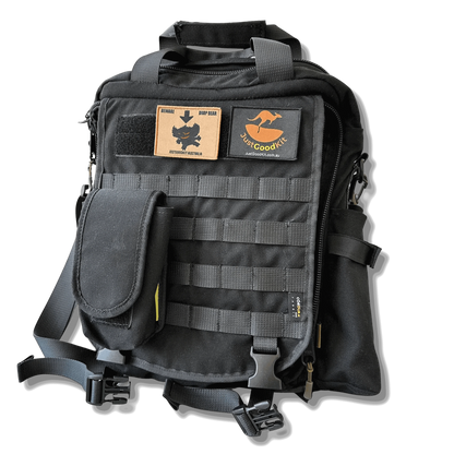 Australian Drop Bear Tactical Morale Patch on backpack, featuring mythical creature design with red demonic features.