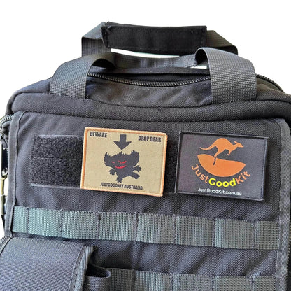 Australian Drop Bear Tactical Morale Patch on backpack, mythical wildlife-inspired patch for adventurers.