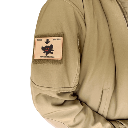 Australian Drop Bear Tactical Morale Patch on jacket, showcasing mythical creature in military silhouette design.