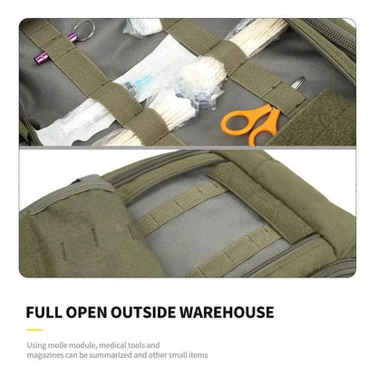 Medical backpack for survival and emergency with open compartments showing organized medical supplies.