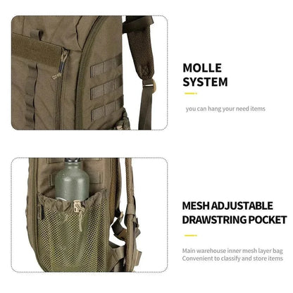 Medical backpack for survival with MOLLE system and mesh adjustable drawstring pocket, ideal for emergencies and outdoor use.