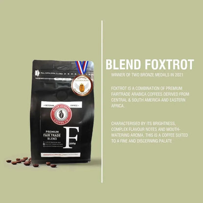 Veteran owned coffee: BLEND FOXTROT, Fairtrade Arabica beans from Central, South America, Eastern Africa.