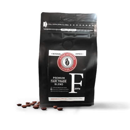 Veteran owned coffee - Blend Foxtrot, Fairtrade certified Arabica, 200g package.
