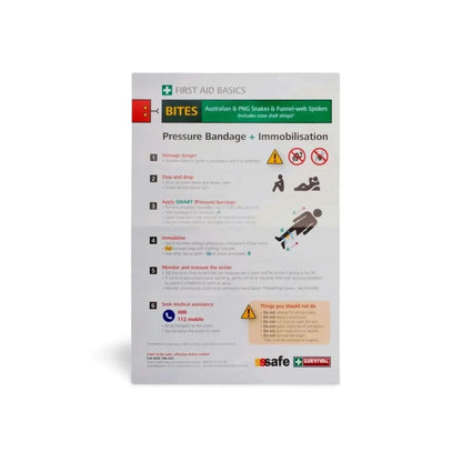 Snake bite first aid instruction card from SURVIVAL Snake Bite KIT, featuring bite management and immobilization guide.