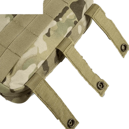 Tactical MOLLE pouch in camouflage design with attachment straps.