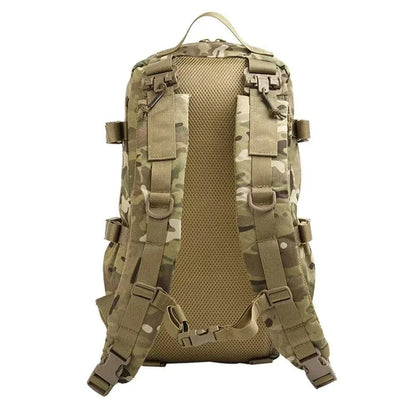 Tactical MOLLE Backpack with durable fabric, multiple compartments, and MOLLE system for outdoor activities.