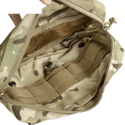 Tactical MOLLE Pouch For EDC, open view showing durable compartments, camouflage design.