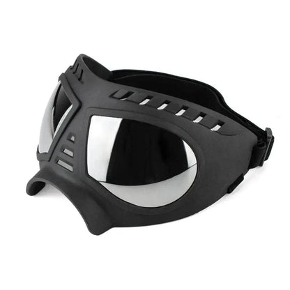 Tactical dog glasses with UV protection, windproof design, and adjustable elastic straps in black TPE frame.