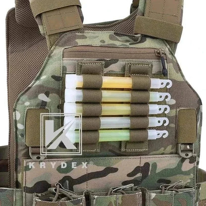 Tactical Cyalume Stick Holder on camouflage vest displaying light sticks securely stored in elastic loops.