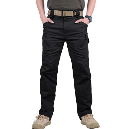 Men's tactical pants, versatile outdoor apparel with multiple pockets, durable cotton-spandex blend in black.