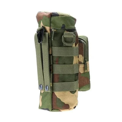 Tactical Water Bottle Carrier with MOLLE system and camouflage design.
