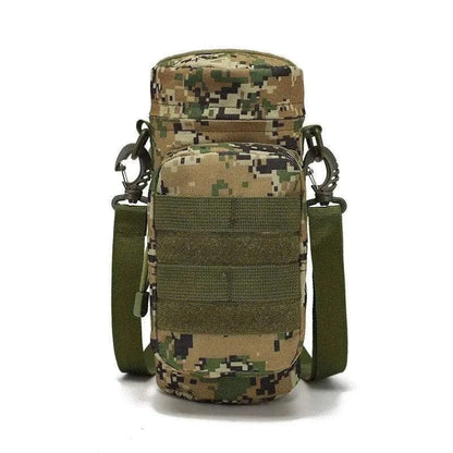 Camouflage Tactical Water Bottle Carrier with MOLLE system, secure zip-top, and durable design.