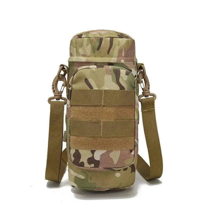 Camouflage tactical water bottle carrier with MOLLE system and zip-top closure.