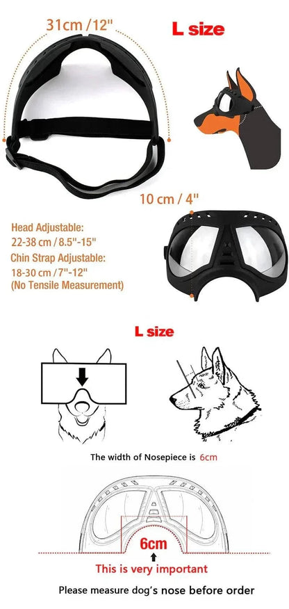 Tactical dog glasses with adjustable straps, soft TPE frame, UV protection, and windproof design for dogs like German Shepherds and Huskies.