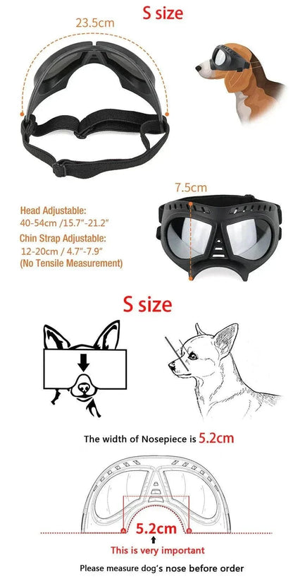 Tactical dog glasses for UV protection, windproofing, water resistance; adjustable fit for long snout dogs.