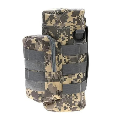 Camouflage Tactical Water Bottle Carrier with MOLLE system attachment.