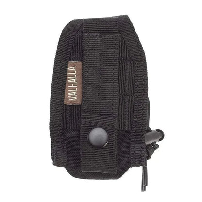 Tactical black handheld radio pouch with MOLLE compatibility for secure device carrying.