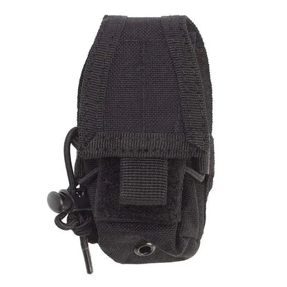 Black tactical handheld radio pouch with MOLLE system for secure device storage.