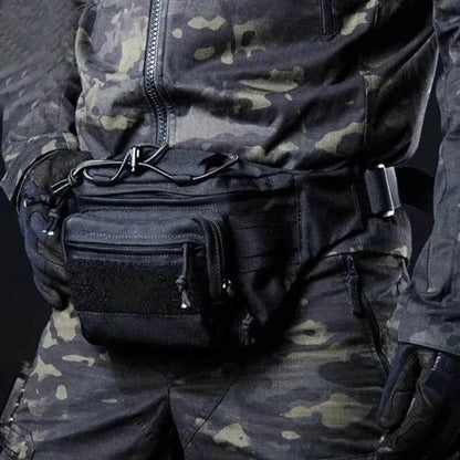 Tactical Bum Bag in black with multiple pockets and durable material.