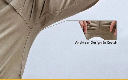 Anti-tear design in crotch of tactical pants for men, showcasing durability and flexibility.