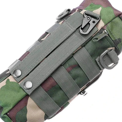 Camouflage tactical water bottle carrier with MOLLE system and secure zip-top closure.