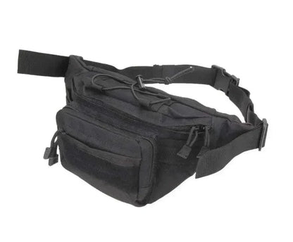 Tactical Bum Bag in black with multiple zippered pockets and adjustable strap.