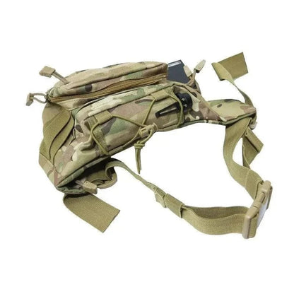 Tactical Bum Bag in camo with multiple pockets and adjustable straps, ideal for outdoor adventures and everyday use.