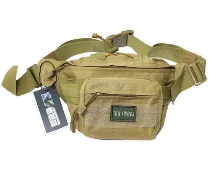 Tactical Bum Bag in tan color with multiple pockets and adjustable strap.