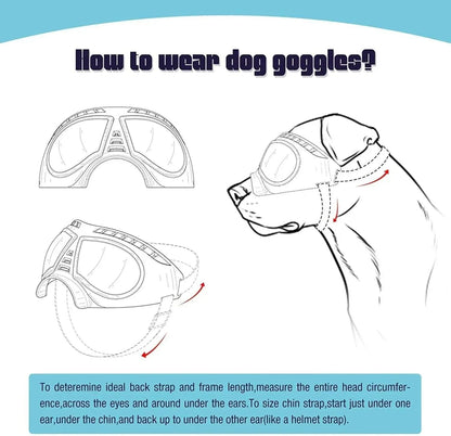 Tactical dog glasses fitting guide with illustration showing strap measurement for optimal fit.