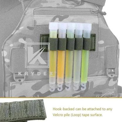 Tactical Cyalume Stick Holder attached to tactical gear with Velcro, holding chemiluminescent sticks.
