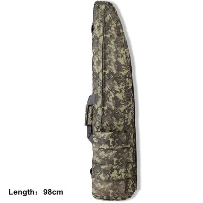 Water-resistant tactical rifle case with MOLLE webbing, 98cm long, camouflage pattern.