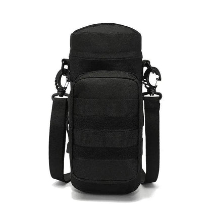 Tactical water bottle carrier with MOLLE integration, camouflage design, and durable 600D nylon for rugged outdoor use.